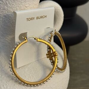 Tory Burch Vintage Gold and Faux Pearl Beaded Hoop Earrings
